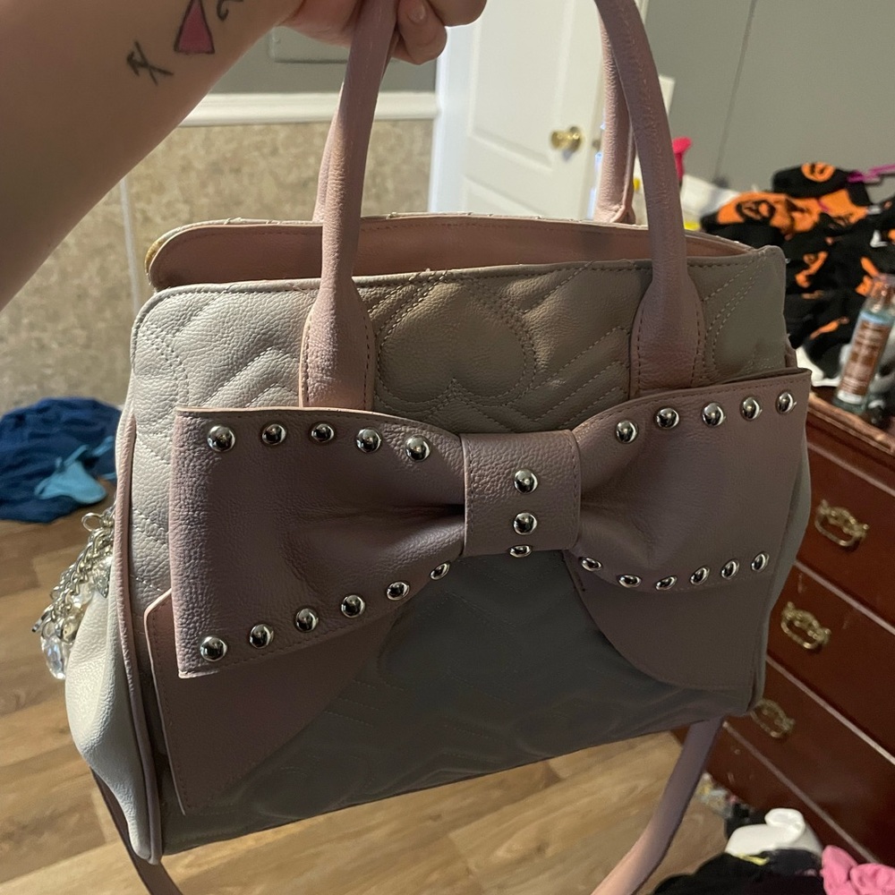 Betsey Johnson Studded Bow Tote - Pink and Gray